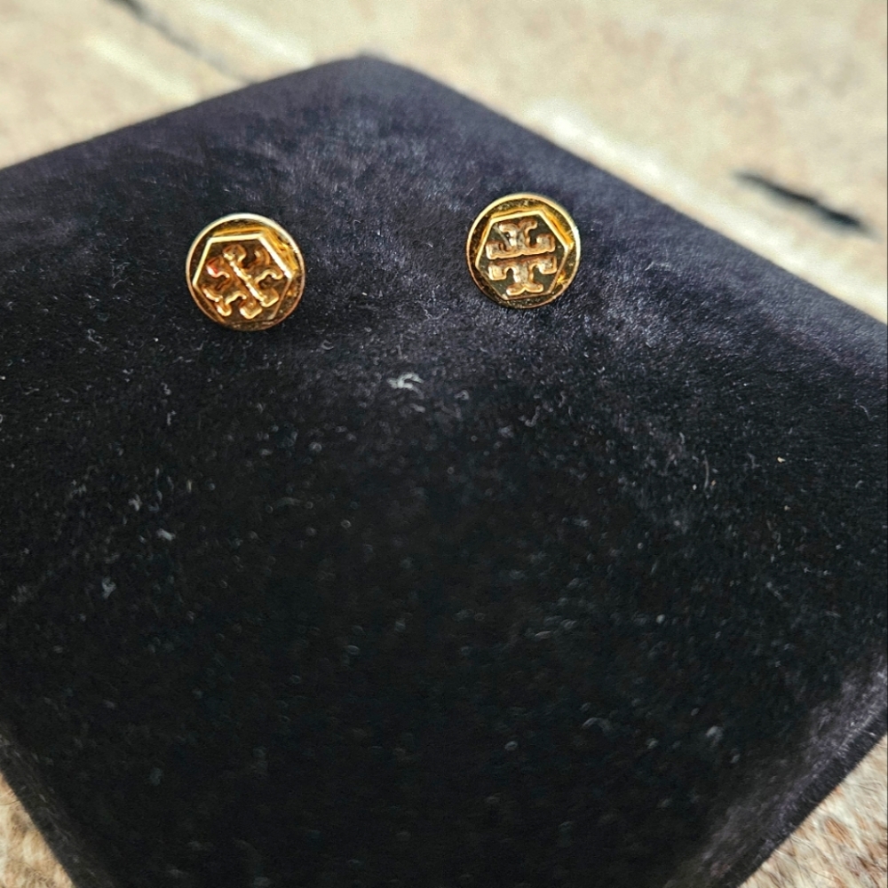 Tory Burch Hexagon Logo Stud Earrings EUC